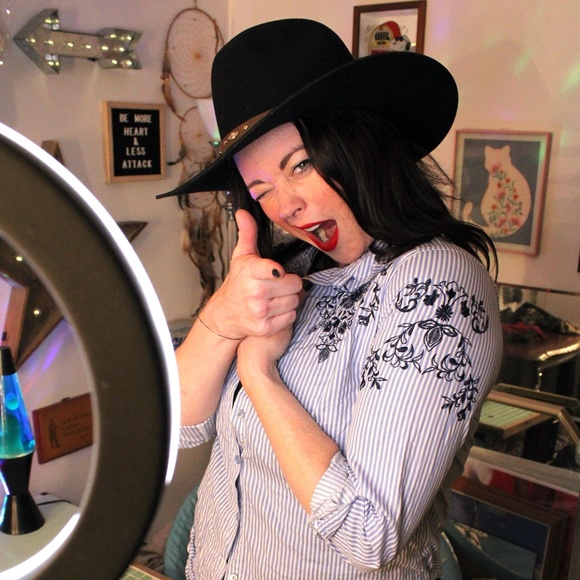 Blue & White Striped Button-down Shirt with floral embroidery - Picture 3 of 8